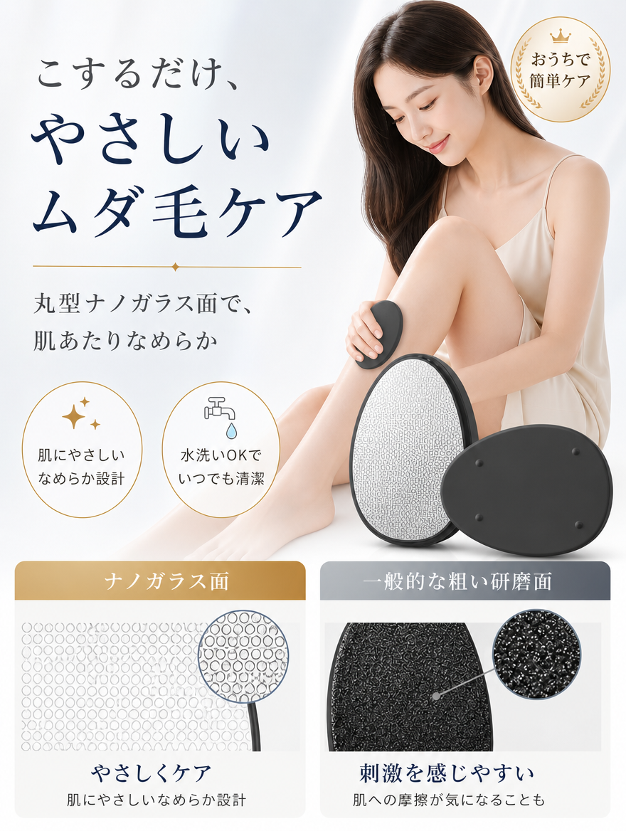 こするだけ、やさしいムダ毛ケア ナノガラス面