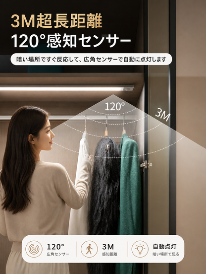 【本日セール終了⏰】スマート人感センサーライト LEDライト 3色切替×無段階調光 Type-C充電式