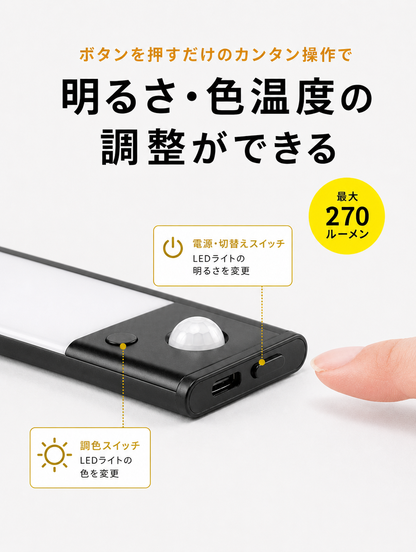 【本日セール終了⏰】スマート人感センサーライト LEDライト 3色切替×無段階調光 Type-C充電式
