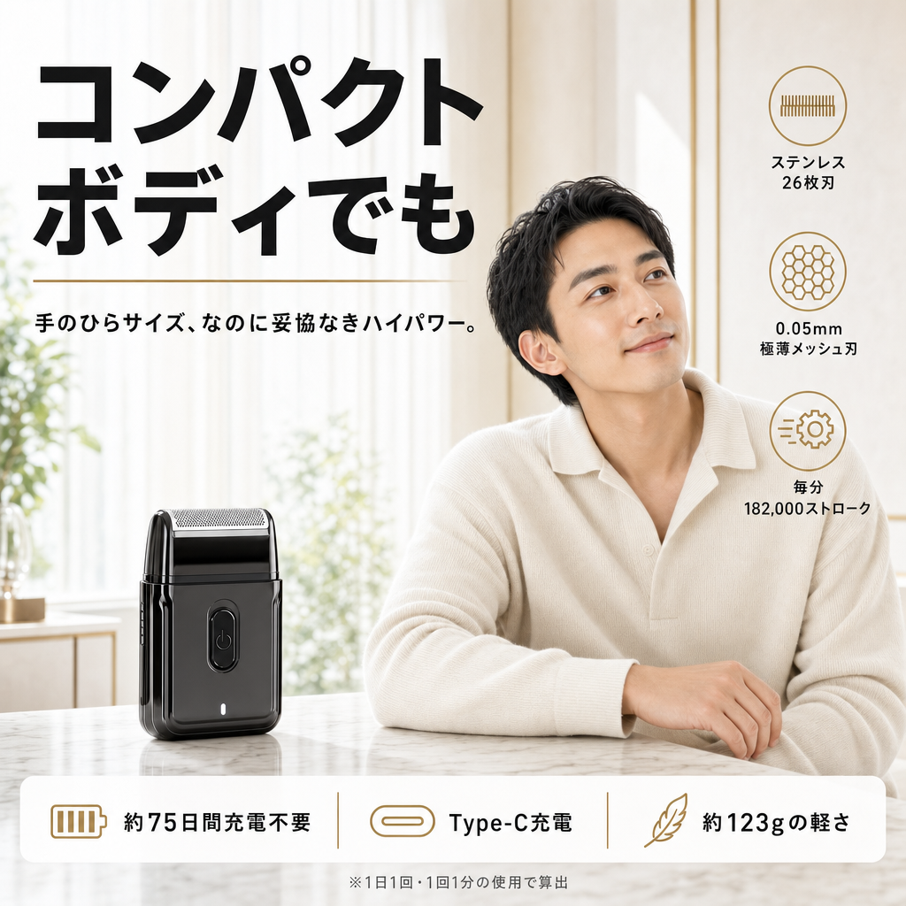 携帯電動シェーバー 手のひらサイズで深剃り