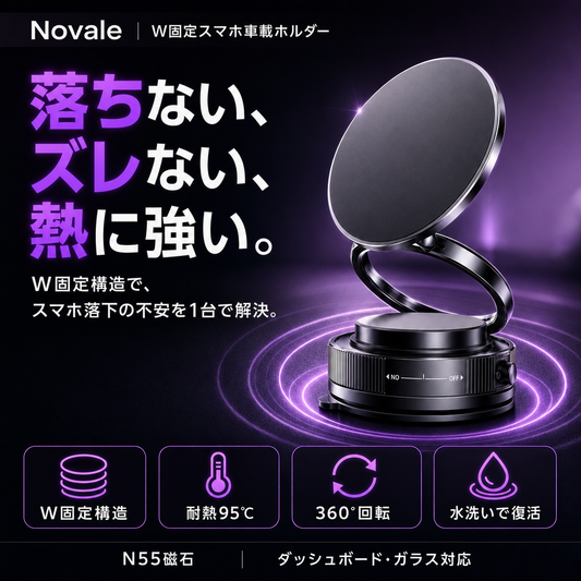 落ちない、ズレない、熱に強い。W固定スマホ車載ホルダー