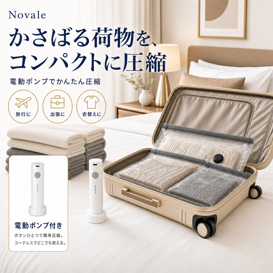 かさばる荷物を、コンパクトに圧縮 電動ポンプ付き真空圧縮バッグセット