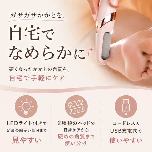 LEDライト付き かかと角質リムーバー 電動フットケアローラー（USB充電式）