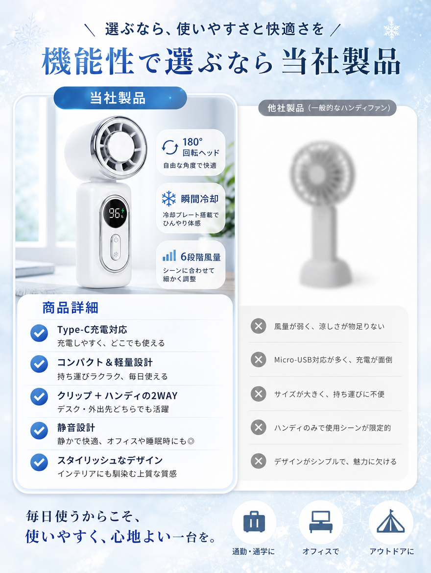 【本日セール終了⏰】冷却ハンディファン クリップ付 氷感金属プレート搭載