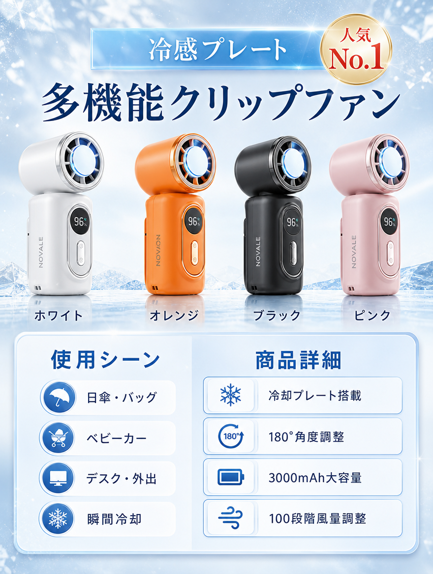 【本日セール終了⏰】冷却ハンディファン クリップ付 氷感金属プレート搭載