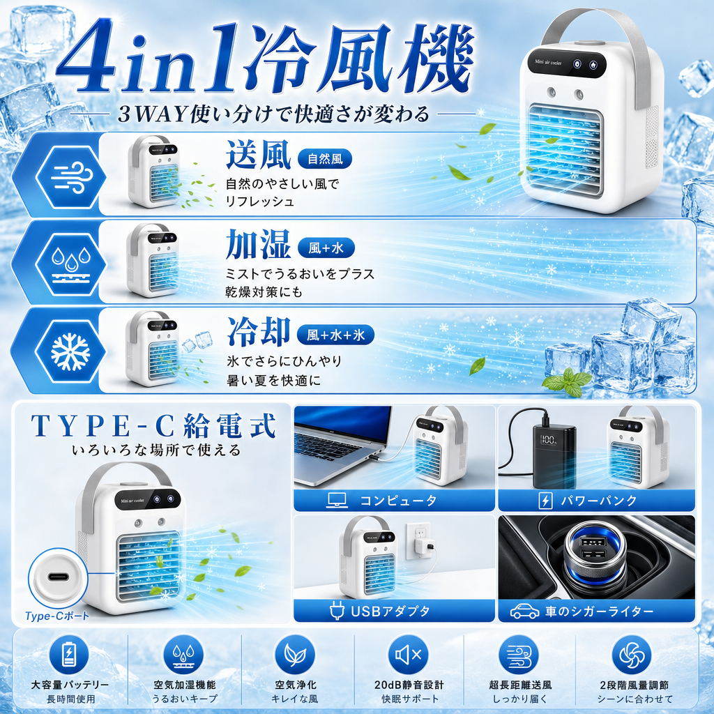 4in1冷風機 送風・加湿・冷却 TYPE-C給電