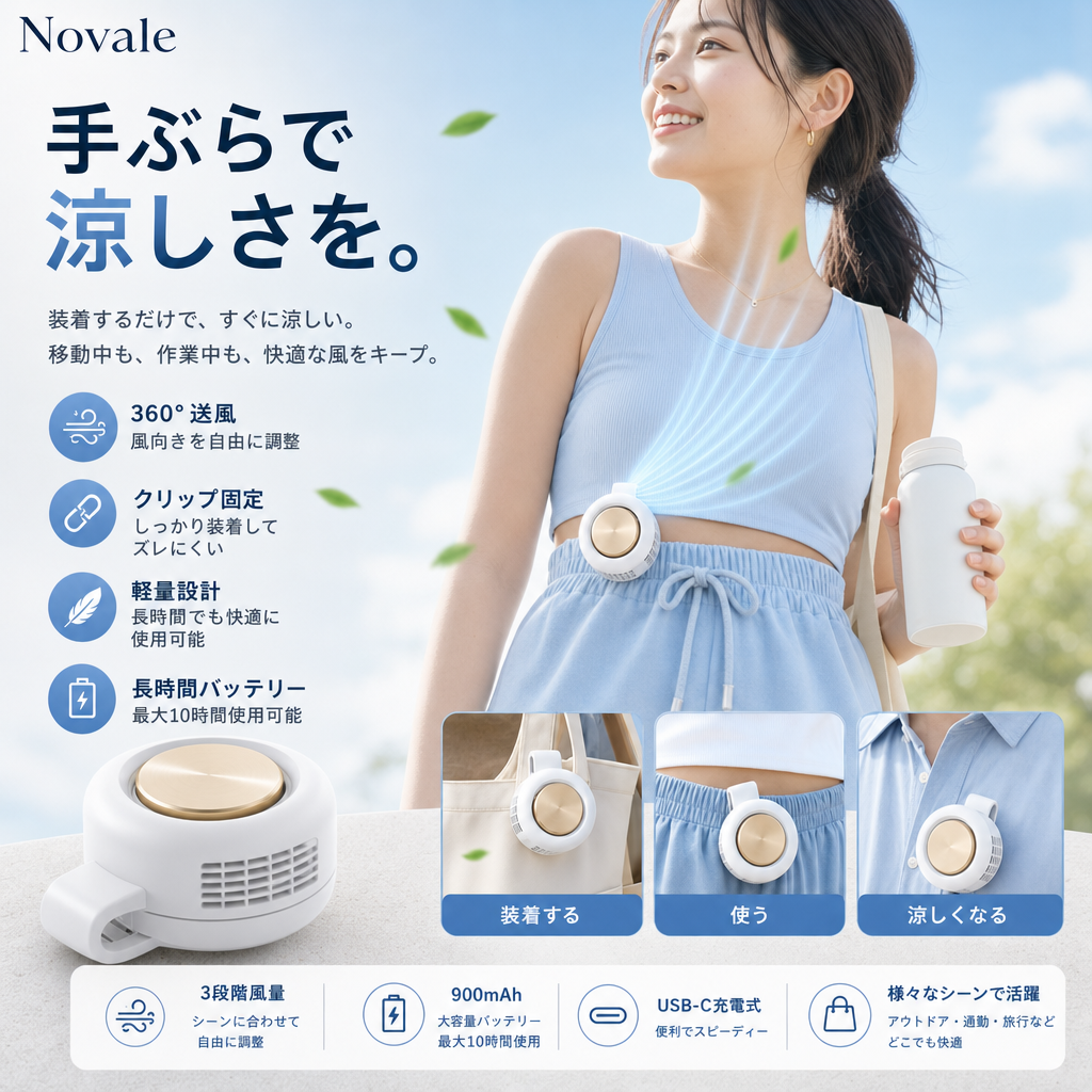 手ぶらで涼しさを クリップ固定で両手が自由