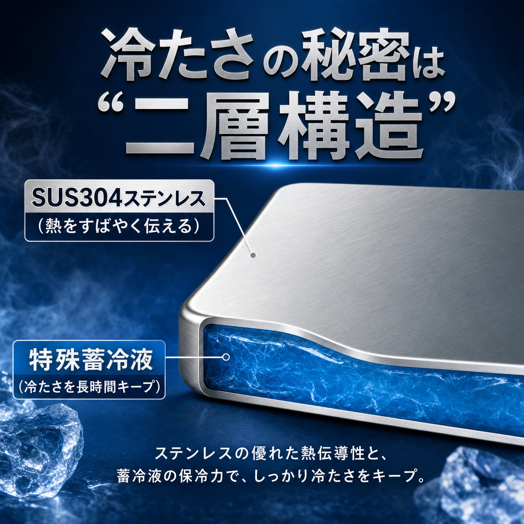 冷たさの秘密は二層構造 SUS304ステンレスと特殊蓄冷液