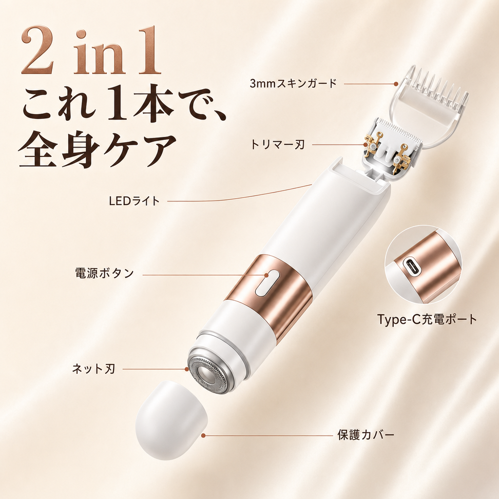 2 in 1 構造｜3mmスキンガード・トリマー刃・ネット刃・保護カバー