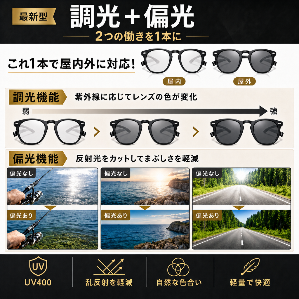 調光＋偏光 2つの働きを1本に