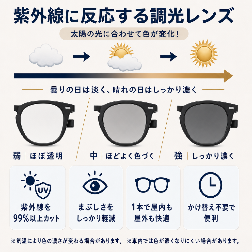 紫外線に反応する調光レンズ